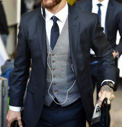 Picture of Slim fit navy blue suit with grey waistcoat