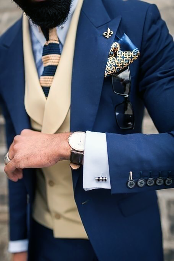 Picture of Light Beige and Blue Three Piece Suit